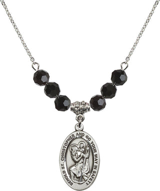 18" Rhodium Plated Necklace with 4mm Jet Crystal Beads featuring a Sterling Silver Saint Christopher Medal. Engraved Catholic Saint Jewelry