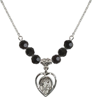 18" Rhodium Plated Necklace with 4mm Jet Crystal Beads featuring a Sterling Silver Guardian Angel Medal.