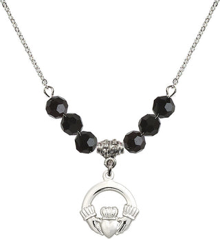 18" Rhodium Plated Necklace with 4mm Jet Crystal Beads featuring a Sterling Silver Claddagh Medal.