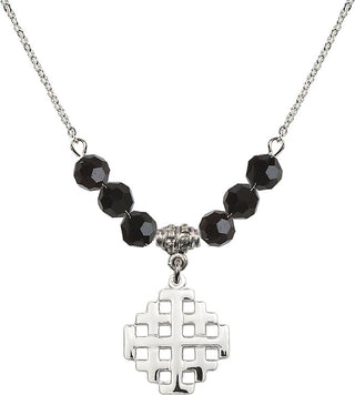 18" Rhodium Plated Necklace with 4mm Jet Crystal Beads featuring a Sterling Silver Jerusalem Cross Medal.