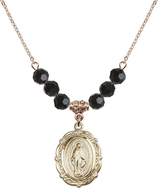 18" Hamilton Gold Plated Necklace with 4mm Jet Crystal Beads featuring a 14kt Gold Filled Miraculous Medal.