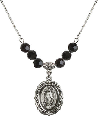 18" Rhodium Plated Necklace with 4mm Jet Crystal Beads featuring a Sterling Silver Miraculous Medal.