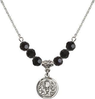 18" Rhodium Plated Necklace with 4mm Jet Crystal Beads featuring a Sterling Silver Communion Chalice Medal.