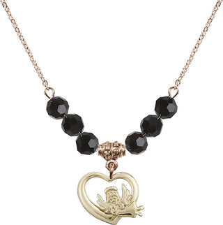 18" Hamilton Gold Plated Necklace with 4mm Jet Crystal Beads featuring a 14kt Gold Filled Heart / Guardian Angel Medal.