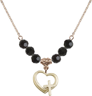 18" Hamilton Gold Plated Necklace with 4mm Jet Crystal Beads featuring a 14kt Gold Filled Heart / Cross Medal.