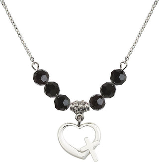18" Rhodium Plated Necklace with 4mm Jet Crystal Beads featuring a Sterling Silver Heart / Cross Medal.