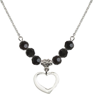 18" Rhodium Plated Necklace with 4mm Jet Crystal Beads featuring a Sterling Silver Heart Medal.