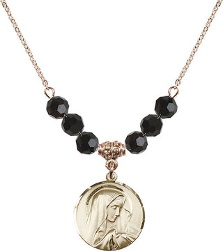 18" Hamilton Gold Plated Necklace with 4mm Jet Crystal Beads featuring a 14kt Gold Filled Sorrowful Mother Medal.
