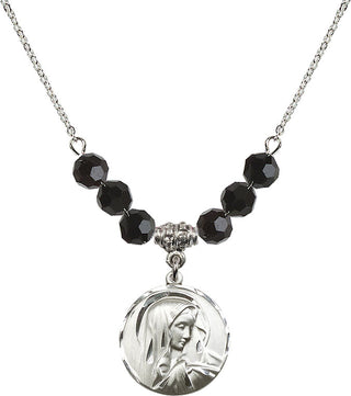 18" Rhodium Plated Necklace with 4mm Jet Crystal Beads featuring a Sterling Silver Sorrowful Mother Medal.