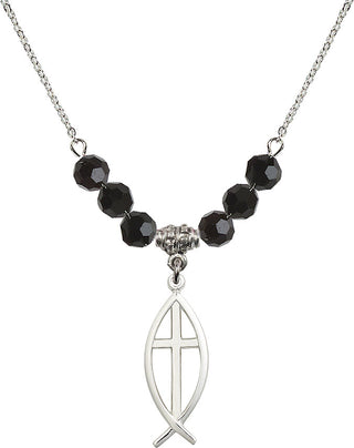 18" Rhodium Plated Necklace with 4mm Jet Crystal Beads featuring a Sterling Silver Fish / Cross Medal.