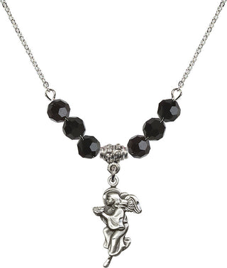 18" Rhodium Plated Necklace with 4mm Jet Crystal Beads featuring a Sterling Silver Guardian Angel Medal.