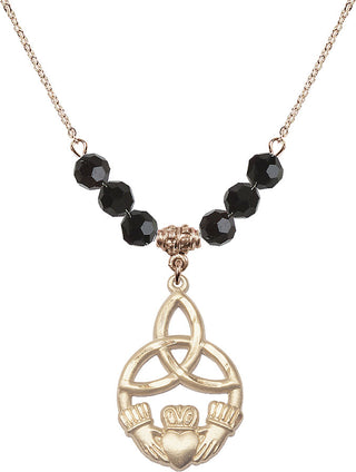 18" Hamilton Gold Plated Necklace with 4mm Jet Crystal Beads featuring a 14kt Gold Filled Irish Knot / Claddagh Medal.