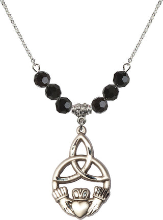 18" Rhodium Plated Necklace with 4mm Jet Crystal Beads featuring a Sterling Silver Irish Knot / Claddagh Medal.