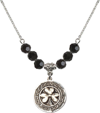18" Rhodium Plated Necklace with 4mm Jet Crystal Beads featuring a Sterling Silver Shamrock with Celtic Border Medal.