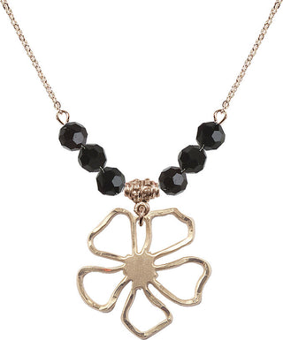 18" Hamilton Gold Plated Necklace with 4mm Jet Crystal Beads featuring a 14kt Gold Filled Five Pedal Flower Medal.
