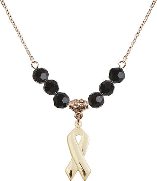 18" Hamilton Gold Plated Necklace with 4mm Jet Crystal Beads featuring a 14kt Gold Filled Cancer Awareness Medal.