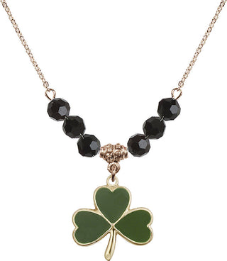 18" Hamilton Gold Plated Necklace with 4mm Jet Crystal Beads featuring a 14kt Gold Filled Shamrock Medal.