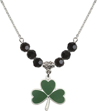 18" Rhodium Plated Necklace with 4mm Jet Crystal Beads featuring a Sterling Silver Shamrock Medal.