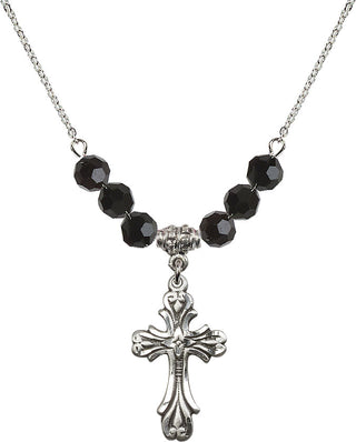 18" Rhodium Plated Necklace with 4mm Jet Crystal Beads featuring a Sterling Silver Cross Medal.