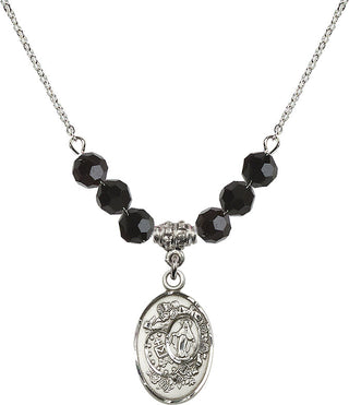 18" Rhodium Plated Necklace with 4mm Jet Crystal Beads featuring a Sterling Silver Miraculous Medal.