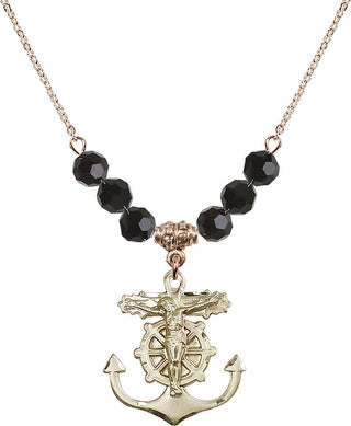 18" Hamilton Gold Plated Necklace with 4mm Jet Crystal Beads featuring a 14kt Gold Filled Anchor Crucifix Medal.