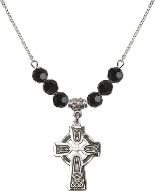 18" Rhodium Plated Necklace with 4mm Jet Crystal Beads featuring a Sterling Silver Celtic Cross Medal.