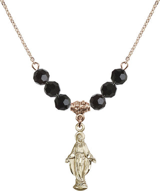 18" Hamilton Gold Plated Necklace with 4mm Jet Crystal Beads featuring a 14kt Gold Filled Miraculous Medal.