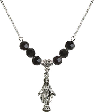 18" Rhodium Plated Necklace with 4mm Jet Crystal Beads featuring a Sterling Silver Miraculous Medal.