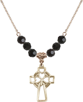 18" Hamilton Gold Plated Necklace with 4mm Jet Crystal Beads featuring a 14kt Gold Filled Shamrock Cross Medal.