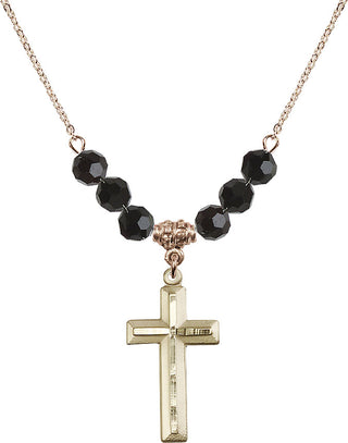 18" Hamilton Gold Plated Necklace with 4mm Jet Crystal Beads featuring a 14kt Gold Filled Cross Medal. Engraved Catholic Saint Jewelry
