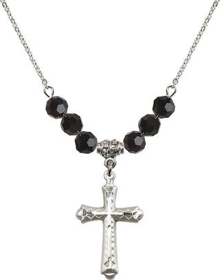 18" Rhodium Plated Necklace with 4mm Jet Crystal Beads featuring a Sterling Silver Cross Medal. Engraved Catholic Saint Jewelry