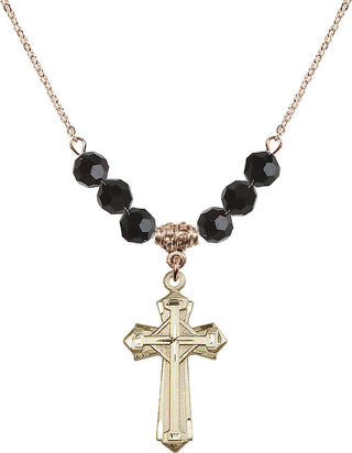 18" Hamilton Gold Plated Necklace with 4mm Jet Crystal Beads featuring a 14kt Gold Filled Cross Medal. Engraved Catholic Saint Jewelry