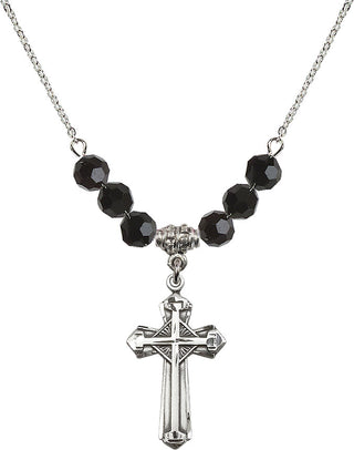 18" Rhodium Plated Necklace with 4mm Jet Crystal Beads featuring a Sterling Silver Cross Medal. Engraved Catholic Saint Jewelry
