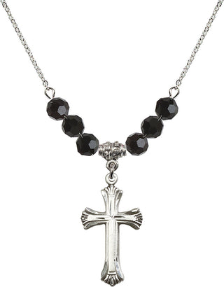 18" Rhodium Plated Necklace with 4mm Jet Crystal Beads featuring a Sterling Silver Cross Medal. Engraved Catholic Saint Jewelry