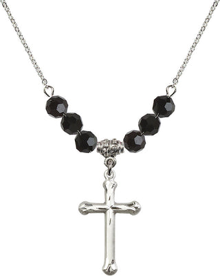 18" Rhodium Plated Necklace with 4mm Jet Crystal Beads featuring a Sterling Silver Cross Medal. Engraved Catholic Saint Jewelry