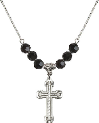 18" Rhodium Plated Necklace with 4mm Jet Crystal Beads featuring a Sterling Silver Cross Medal.