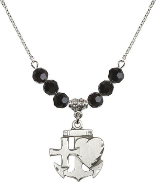 18" Rhodium Plated Necklace with 4mm Jet Crystal Beads featuring a Sterling Silver Faith, Hope & Charity Medal.