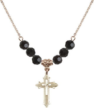 18" Hamilton Gold Plated Necklace with 4mm Jet Crystal Beads featuring a 14kt Gold Filled Cross on Cross Medal. Engraved Catholic Saint Jewelry