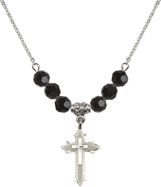 18" Rhodium Plated Necklace with 4mm Jet Crystal Beads featuring a Sterling Silver Cross on Cross Medal. Engraved Catholic Saint Jewelry