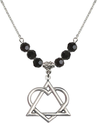 18" Rhodium Plated Necklace with 4mm Jet Crystal Beads featuring a Sterling Silver Adoption Heart Medal.