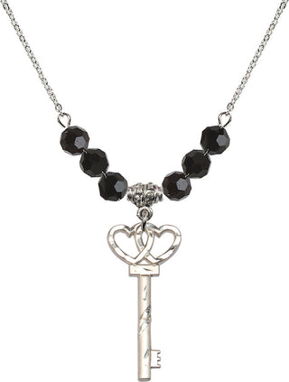 18" Rhodium Plated Necklace with 4mm Jet Crystal Beads featuring a Sterling Silver Small Key w/Double Hearts Medal.