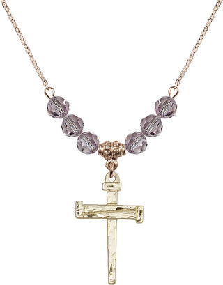 18" Hamilton Gold Plated Necklace with 4mm Light Amethyst Crystal Beads featuring a 14kt Gold Filled Nail Cross Medal.