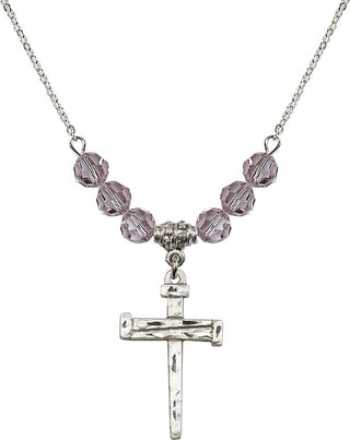 18" Rhodium Plated Necklace with 4mm Light Amethyst Crystal Beads featuring a Sterling Silver Nail Cross Medal.
