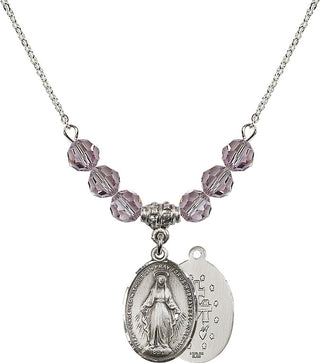 18" Rhodium Plated Necklace with 4mm Light Amethyst Crystal Beads featuring a Sterling Silver Miraculous Medal.