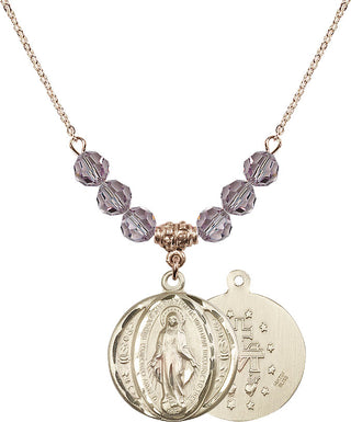 18" Hamilton Gold Plated Necklace with 4mm Light Amethyst Crystal Beads featuring a 14kt Gold Filled Miraculous Medal.