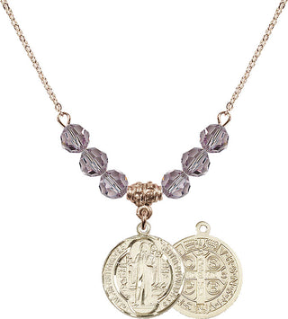 18" Hamilton Gold Plated Necklace with 4mm Light Amethyst Crystal Beads featuring a 14kt Gold Filled Saint Benedict Medal.