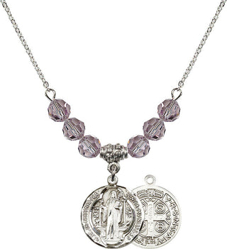 18" Rhodium Plated Necklace with 4mm Light Amethyst Crystal Beads featuring a Sterling Silver Saint Benedict Medal.