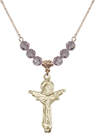 18" Hamilton Gold Plated Necklace with 4mm Light Amethyst Crystal Beads featuring a 14kt Gold Filled Trinity Crucifix Medal.