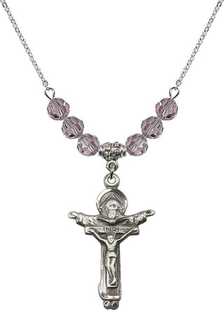 18" Rhodium Plated Necklace with 4mm Light Amethyst Crystal Beads featuring a Sterling Silver Trinity Crucifix Medal.