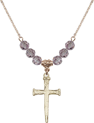 18" Hamilton Gold Plated Necklace with 4mm Light Amethyst Crystal Beads featuring a 14kt Gold Filled Nail Cross Medal.
